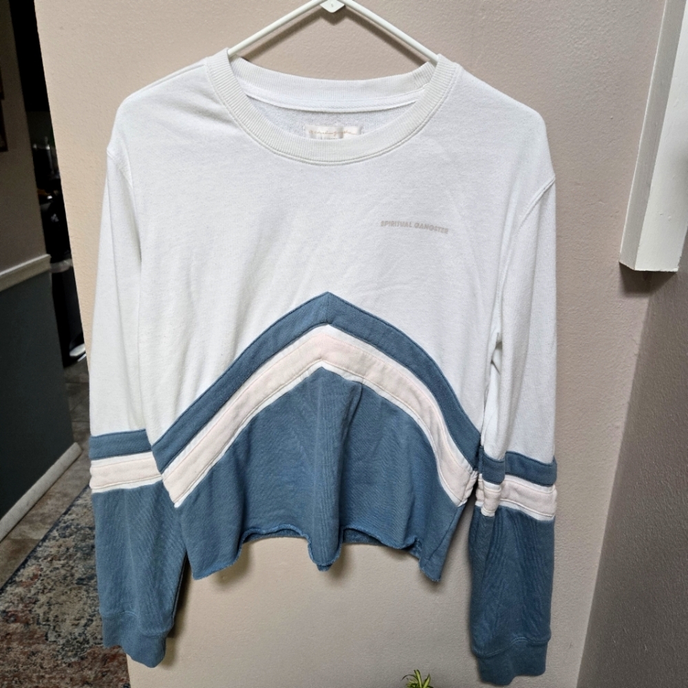 Spiritual Gangster Varsity Crop Sweatshirt Size Large Chevron Terry Cloth Blue